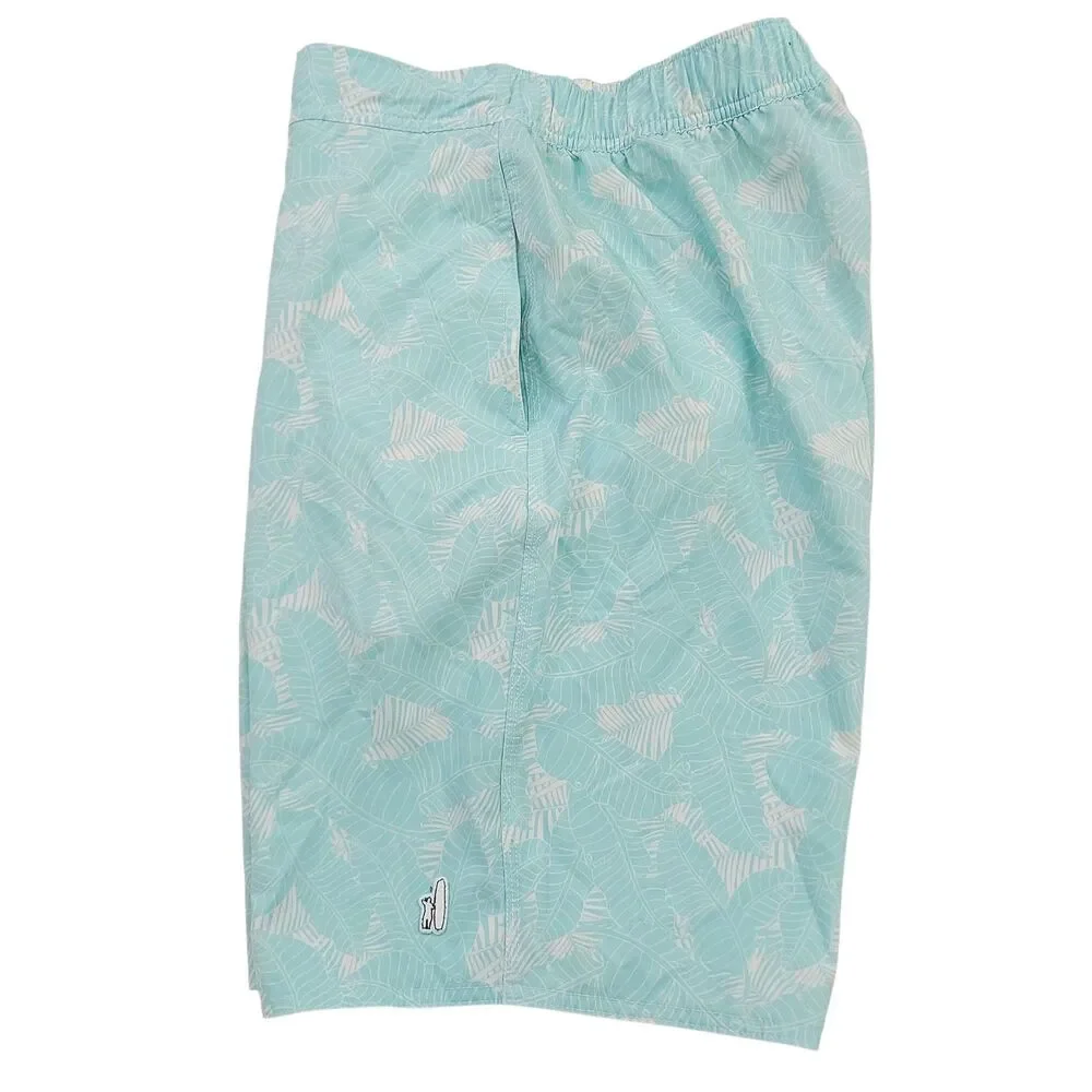Johnnie-O Swim Shorts Mens Small Aqua Palm Leaf Mesh Lined Swim Trunks Beach